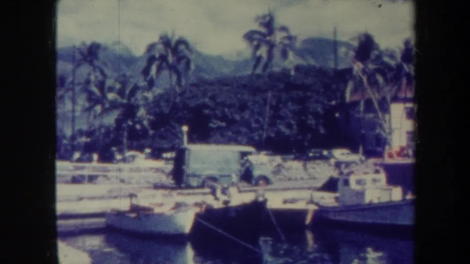 Soft 8mm view of a 1967 Honolulu waterfront with moored small boats, pier structures, palms, dense foliage, and distant hills.
