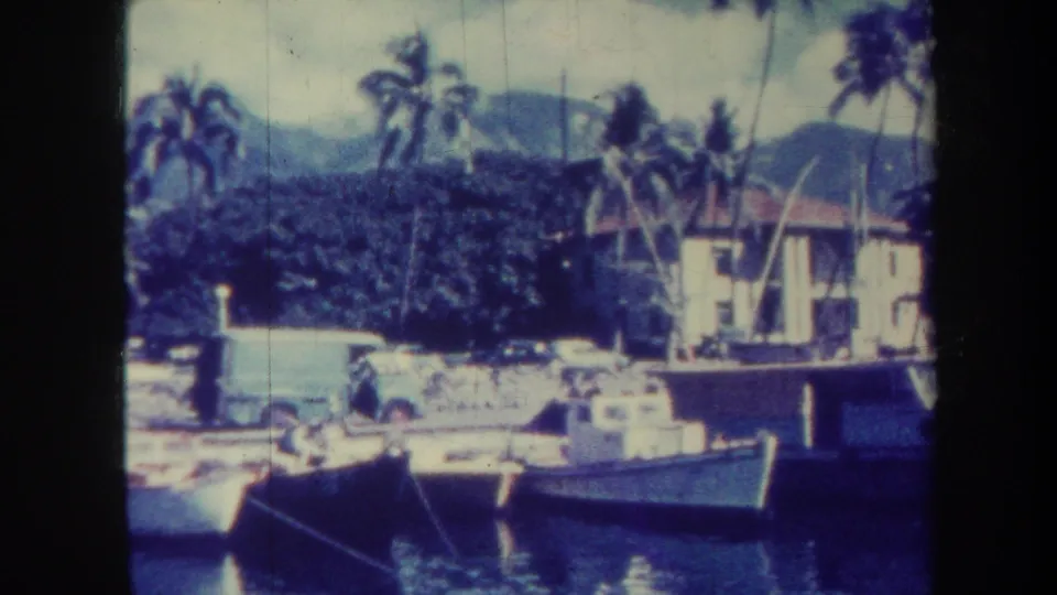 1967 Honolulu harbor frame with docked boats, a waterfront building, palm trees, water reflections, and mountains in the distance.