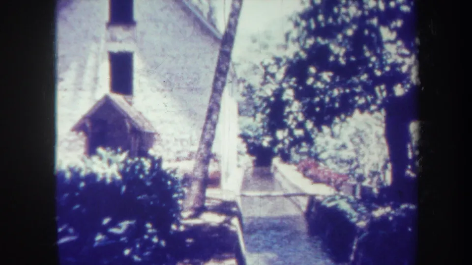 Soft 8mm Honolulu home-movie frame with a small gabled building, dark window, shrubs, leaning tree trunk, path, and garden border.