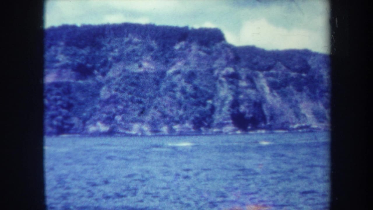 Forested cliff face across blue water with dark film borders visible.