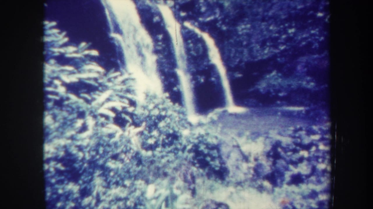 Three narrow waterfall streams drop through dense tropical vegetation.