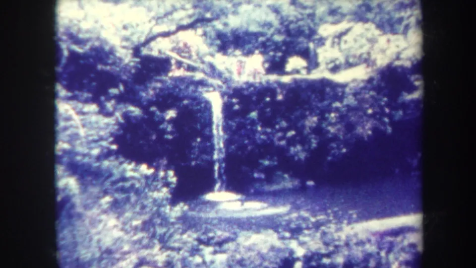 Blue-shifted 8mm frame from Honolulu in 1967 showing a garden waterfall, pond, foliage, and possible distant visitors near the upper path.
