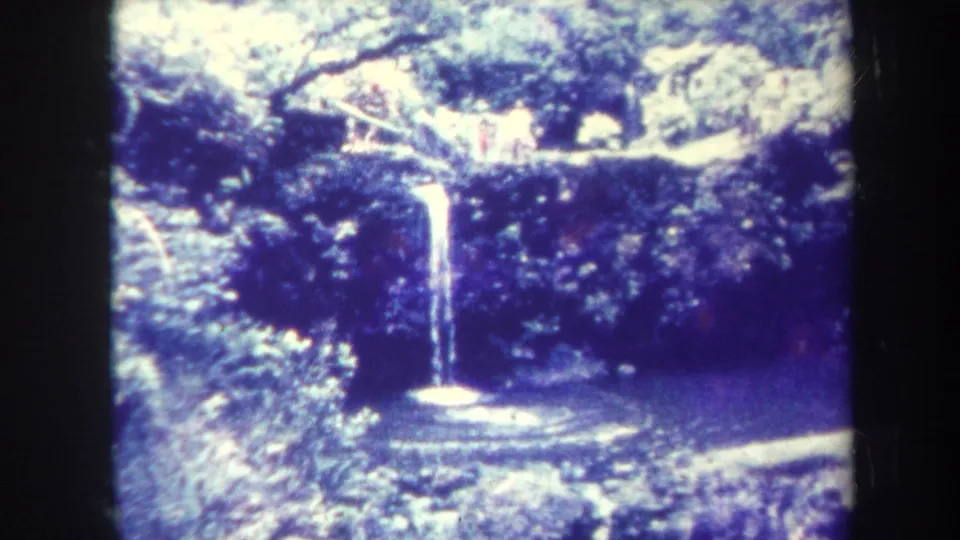 1967 Honolulu 8mm still with a narrow waterfall, shaded pond, lush foliage, and pronounced blue film cast.