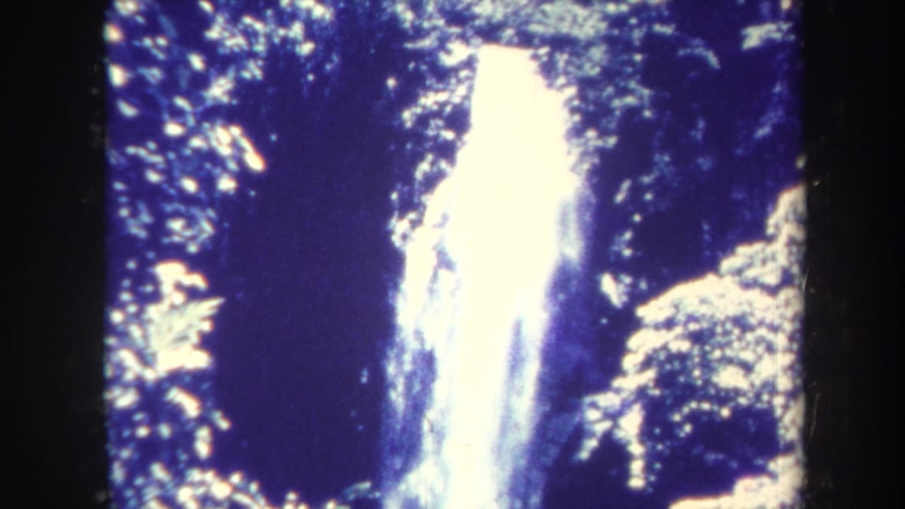 Closer view of bright waterfall water against dark leaves and rocks.