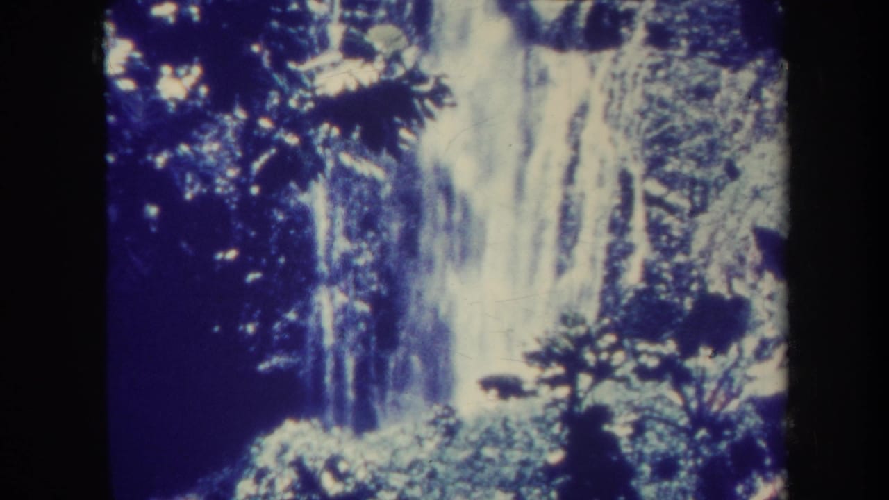 Waterfall behind dark tropical foliage with blue-tinted 8mm film texture.