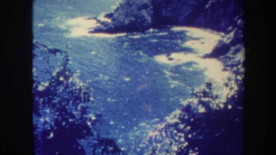 1967 Honolulu 8mm frame showing blue-green coastal water, surf, rocky shore, and foreground foliage.