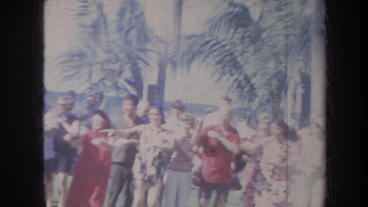 Tourists and performers stand together under palm trees during an outdoor performance.