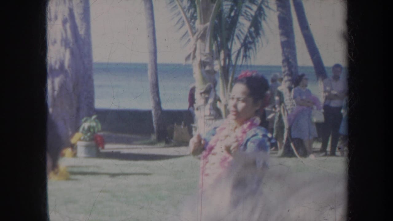 Hula dancer in lei and grass skirt performing near palms with spectators and ocean behind her.