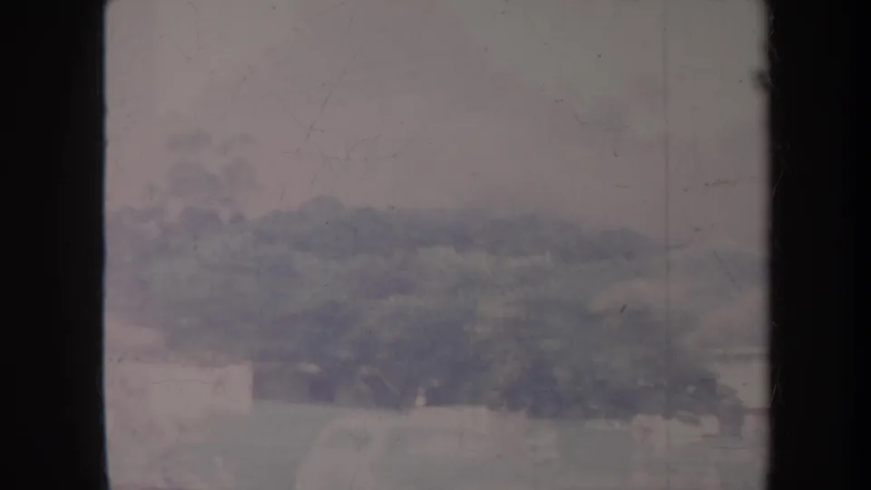 Honolulu 1967 home-movie frame with grass, distant trees, and a pale airport surface visible through soft exposure.