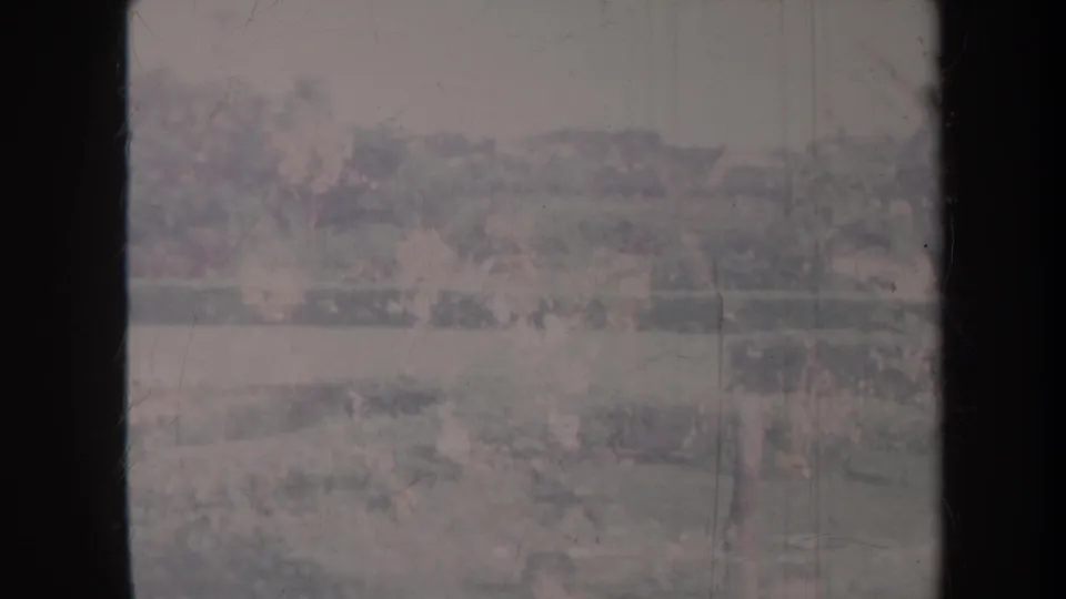 1967 Honolulu home-movie frame showing a hazy garden and reflecting pool under bright outdoor light.