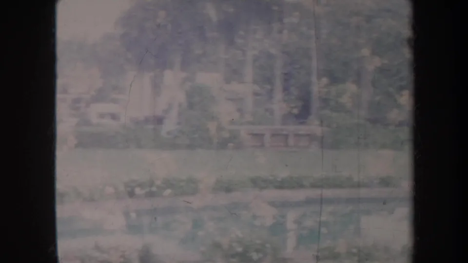 1967 Honolulu garden view with a reflecting pool, benches, trees, and clipped greenery in soft 8mm color.