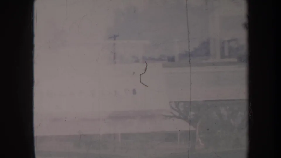 1967 Honolulu home-movie frame looking through dark window mullions toward a hazy suburban street with houses, trees, and a utility pole.