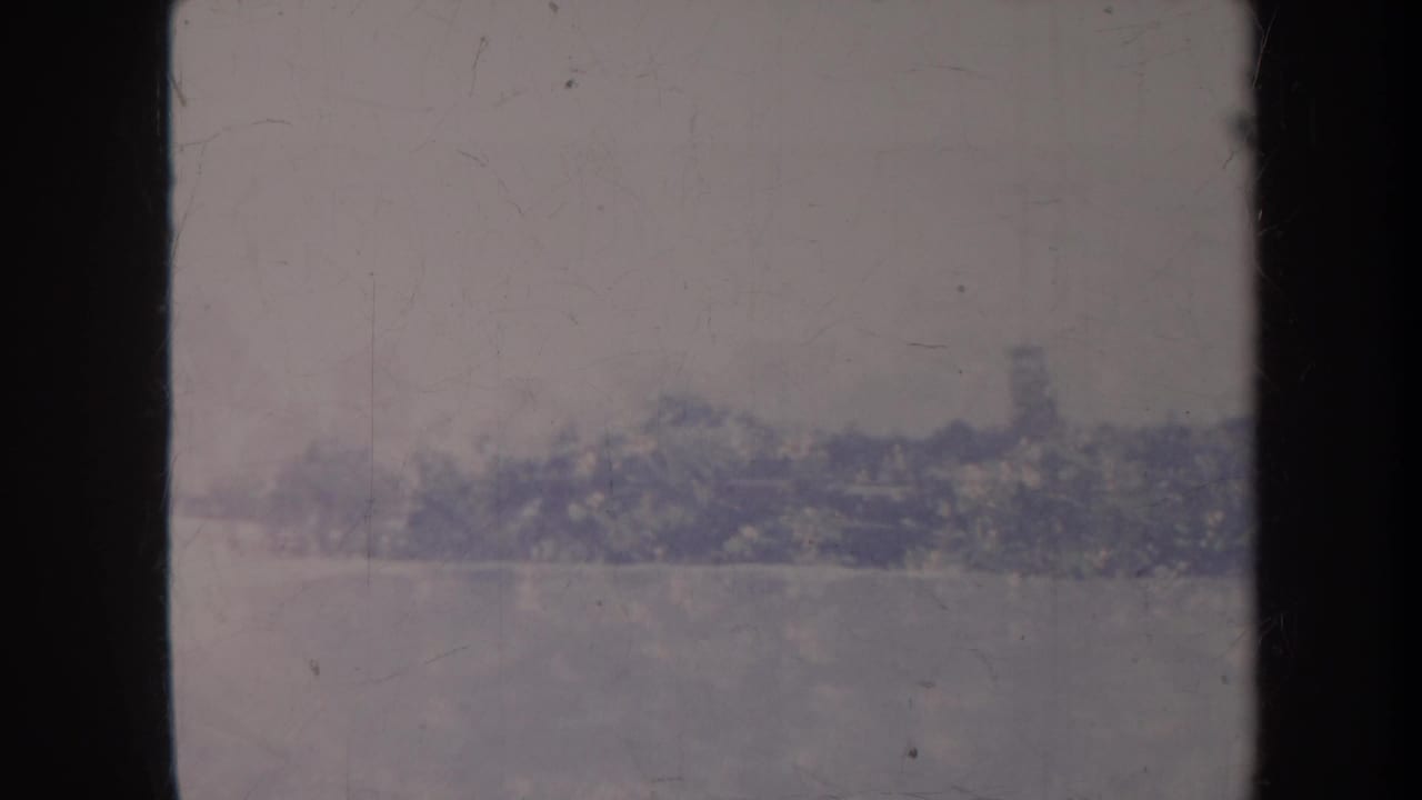 Distant tree-covered slope or shoreline seen through dark vertical framing with faded color.