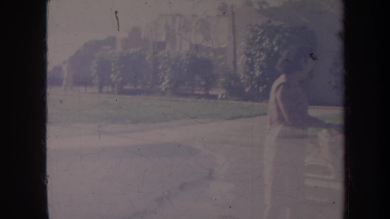 Person standing near a parked vehicle by a lawn with trees in the background.