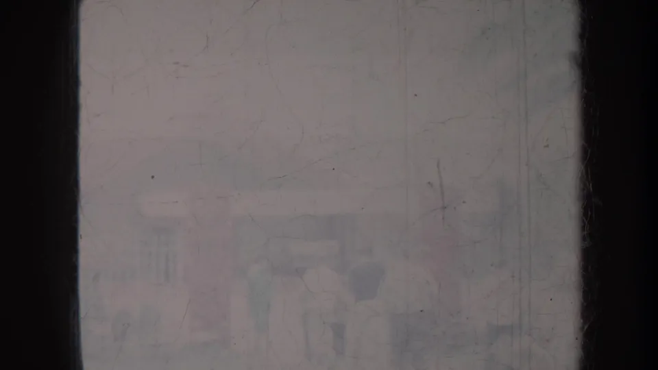 Faded 1967 Honolulu 8mm frame with a mostly static, obstructed outdoor view and faint distant shapes in bright light.