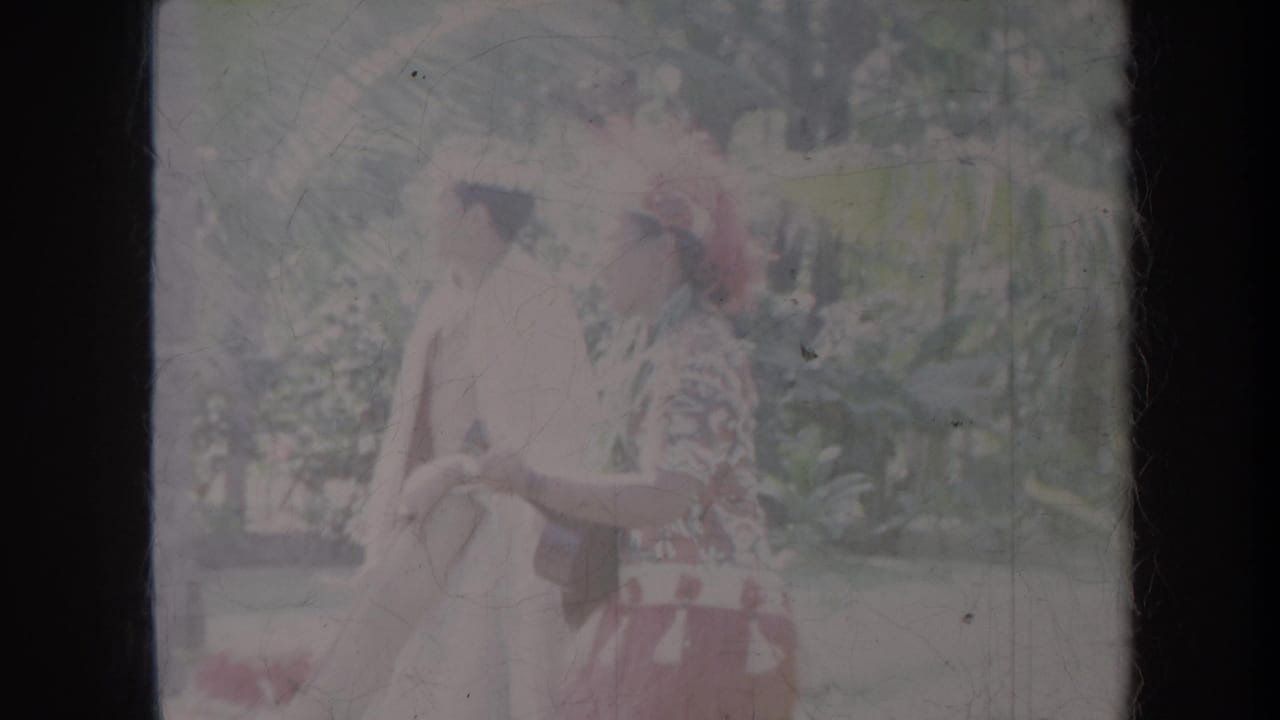 Hula dancer in a red skirt performing outdoors with a background figure nearby.