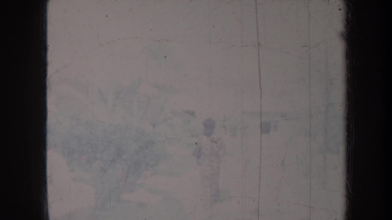 Faded frame with a standing figure near plants and pale outdoor space.