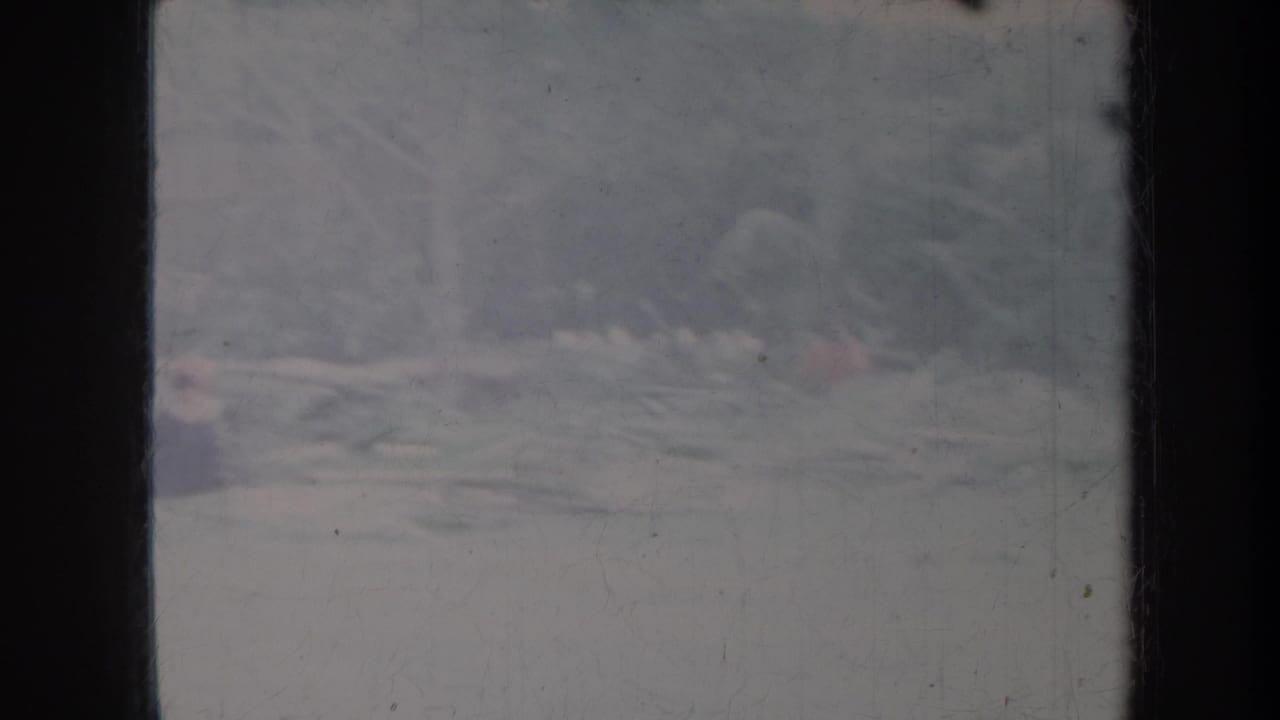 Soft, faded outdoor frame with a distant person near pale logs or debris.