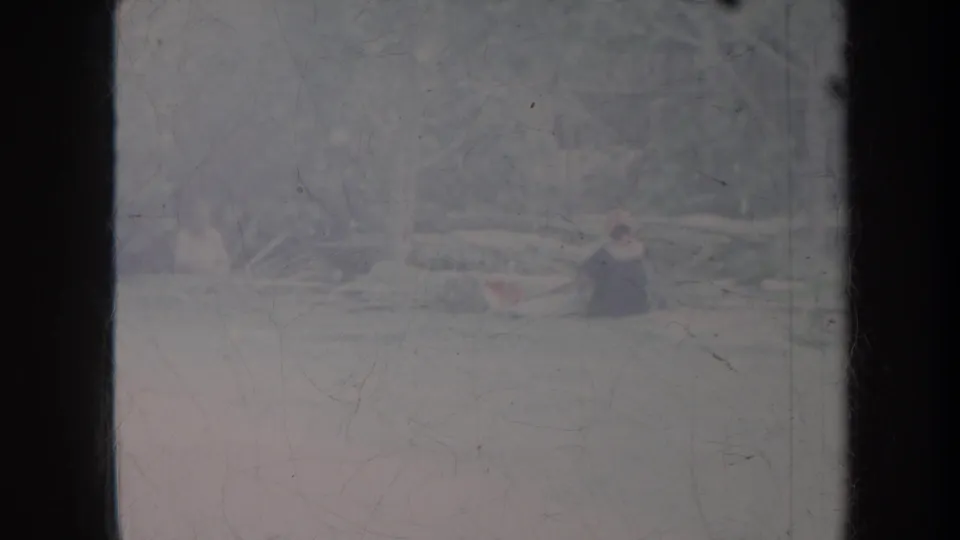 Soft 1967 Honolulu home-movie frame showing an indistinct figure low in the scene near pale logs or debris and trees.