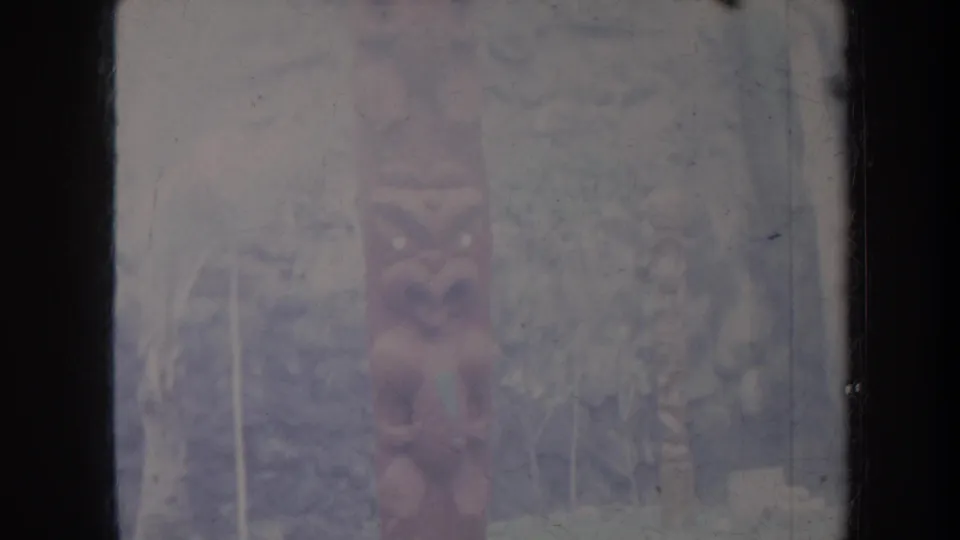 Blurred Honolulu 1967 frame with a prominent carved pole in the foreground, vegetation behind it, and heavy 8mm wear.
