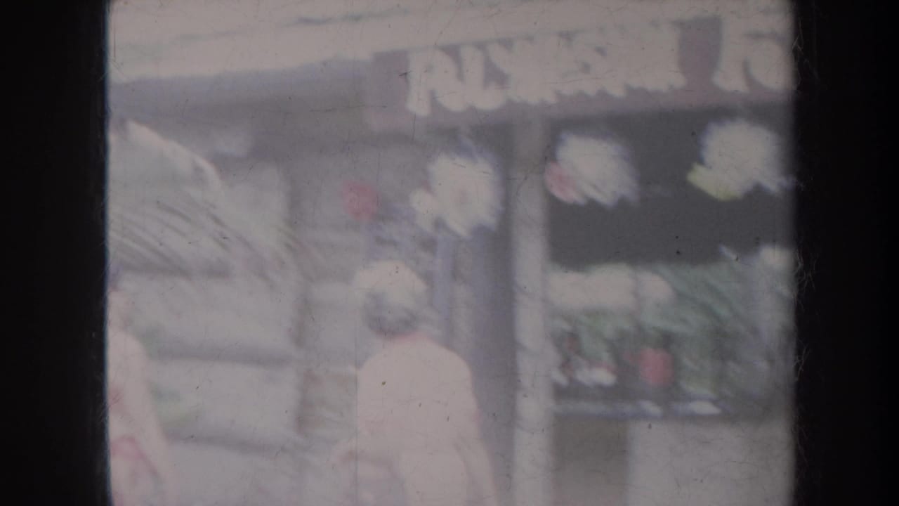 Soft 1967 Honolulu street frame with a woman walking past tropical plants and a storefront sign.