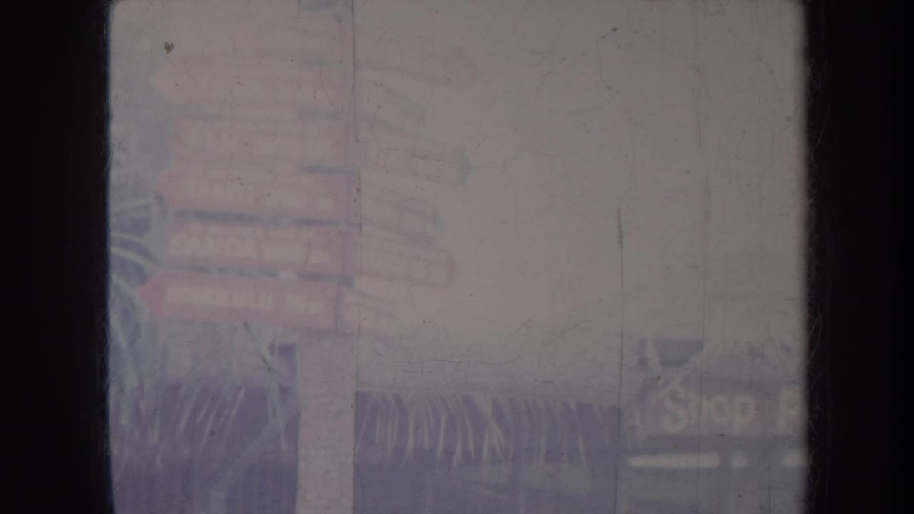 Faded 8mm Honolulu frame showing a soft street view with a signpost, plants, and partially visible storefronts.