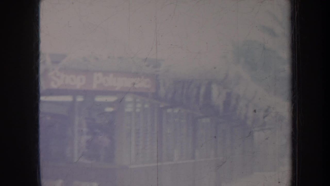 Hazy storefront with palms and a partially readable shop sign behind dark vertical borders.