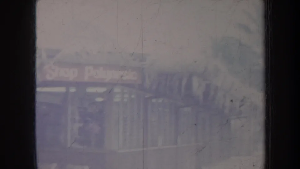 Soft 1967 8mm view of a palm-lined shopfront, with partial signage visible through a degraded, window-framed image.