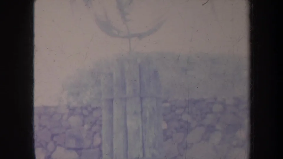 1967 Honolulu frame showing a stylized metal sculpture above a stone wall, recorded in soft, faded 8mm color.