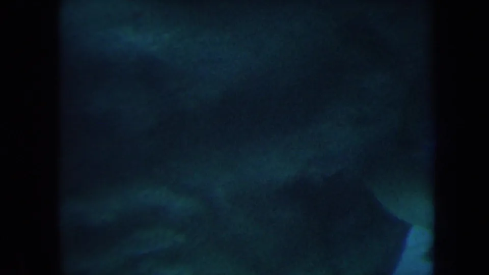1967 Honolulu aquarium footage shows dim blue-green water, large fish silhouettes, and dark vertical framing through exhibit glass.