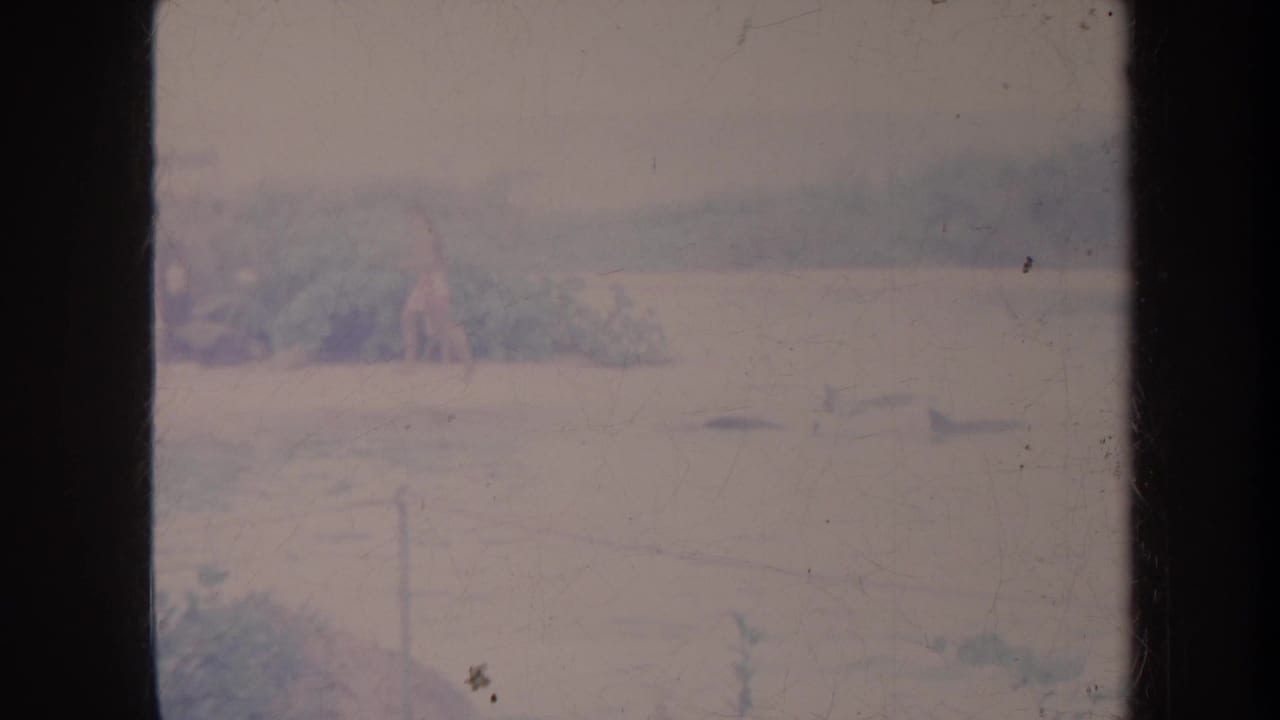 Soft 1967 Honolulu frame with small distant boats on calm water, shoreline behind them, and visible 8mm wear.