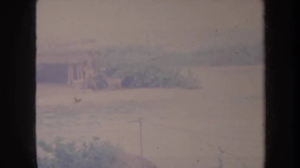 Faded Honolulu home-movie frame showing water, shoreline vegetation, and indistinct boat activity in a soft 8mm scan.