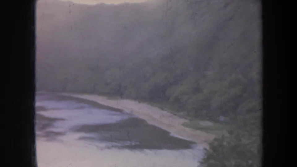 1967 Honolulu-area landscape frame with a misty bay or lake edge, hillside vegetation, palm foliage, and visible 8mm scan borders.
