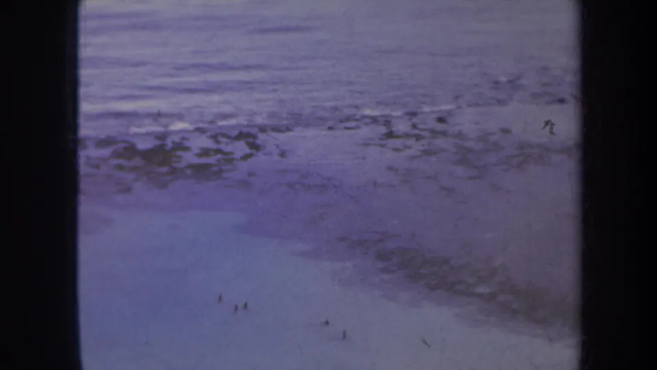 1967 Honolulu-area beach view with purple-tinged surf, rocky shallows, and distant people near the shoreline.
