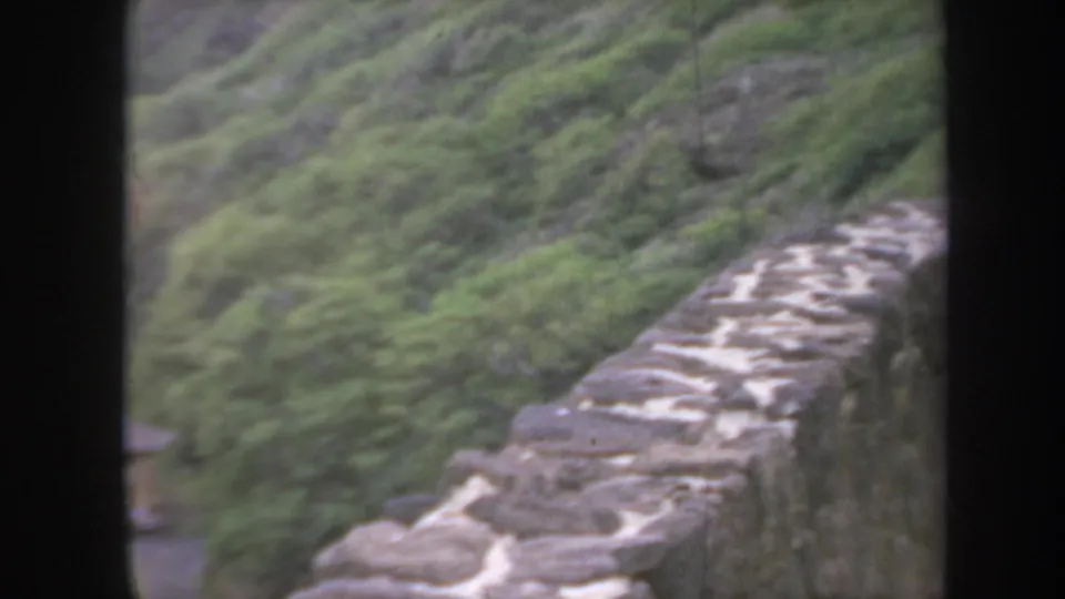 1967 Honolulu 8mm frame emphasizing a rough stone wall, with dense tropical greenery and hillside terrain beyond.