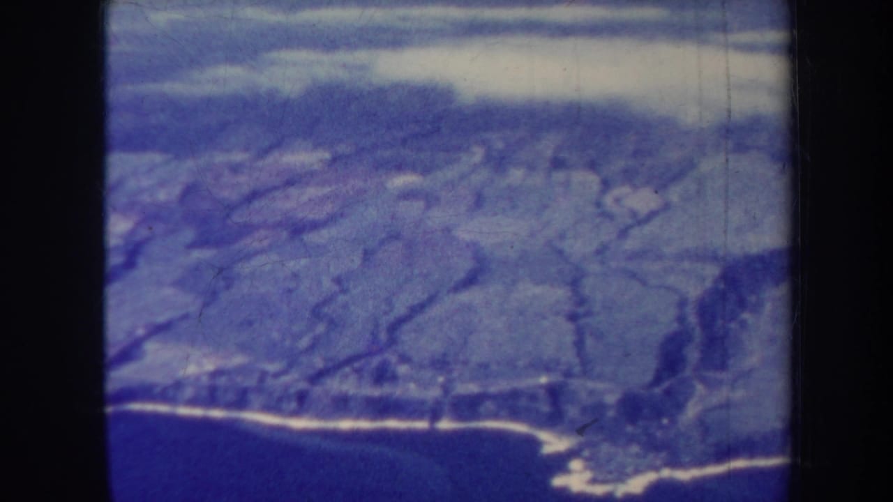 Aerial shoreline and hills with ocean below, tinted blue and softly focused.
