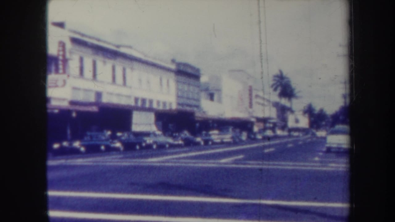 Street corner view with storefronts, parked cars, and palm trees.