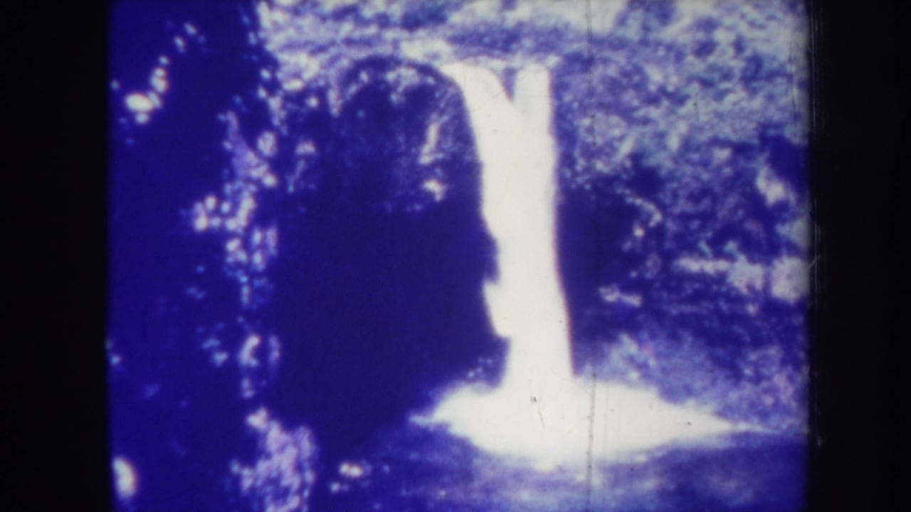 Waterfall and forest foliage seen through a blue-tinted film frame.