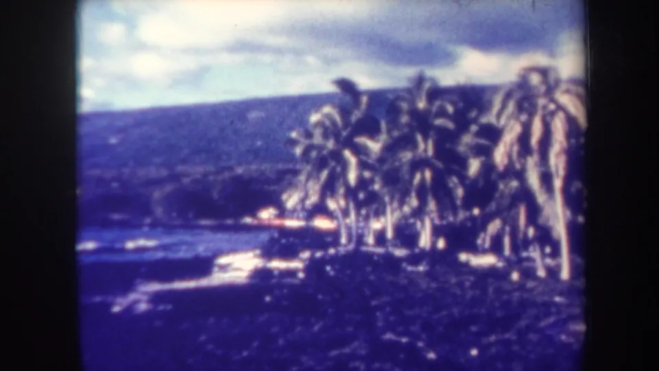 1967 Honolulu home-movie frame showing palm trees along a coastal edge, pale surf, and a dark hillside under a cloudy sky.