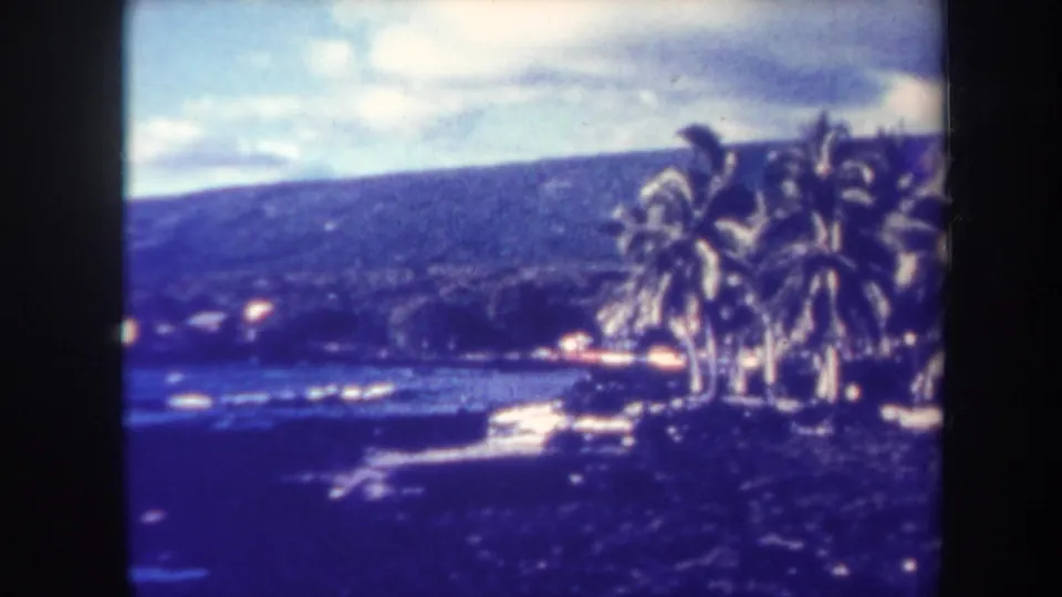 1967 Honolulu 8mm view across shoreline water toward palm trees and a dark hillside, with soft focus and visible film borders.