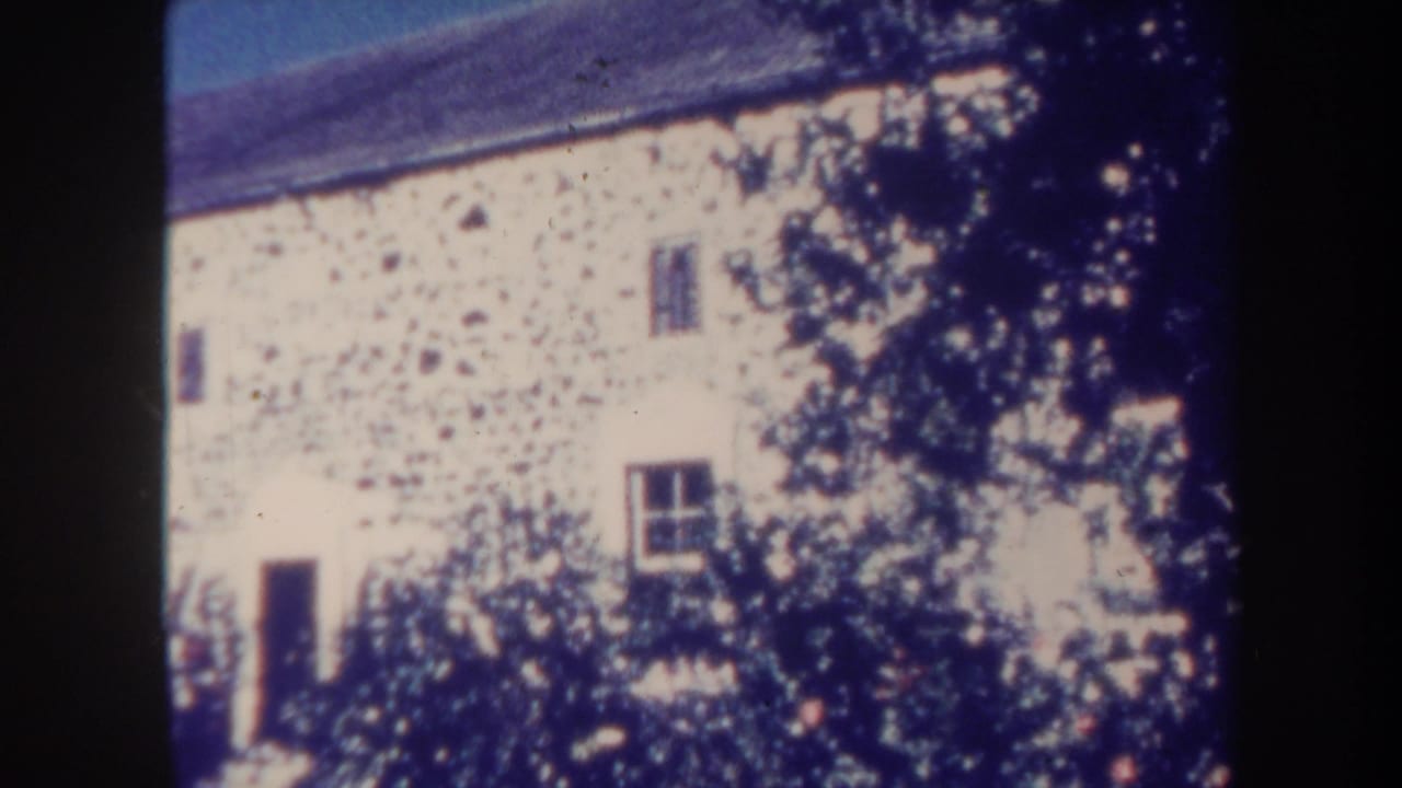 1967 Honolulu 8mm frame showing a white masonry building with small windows, a dark roof, shrubs, and tree shade in the foreground.