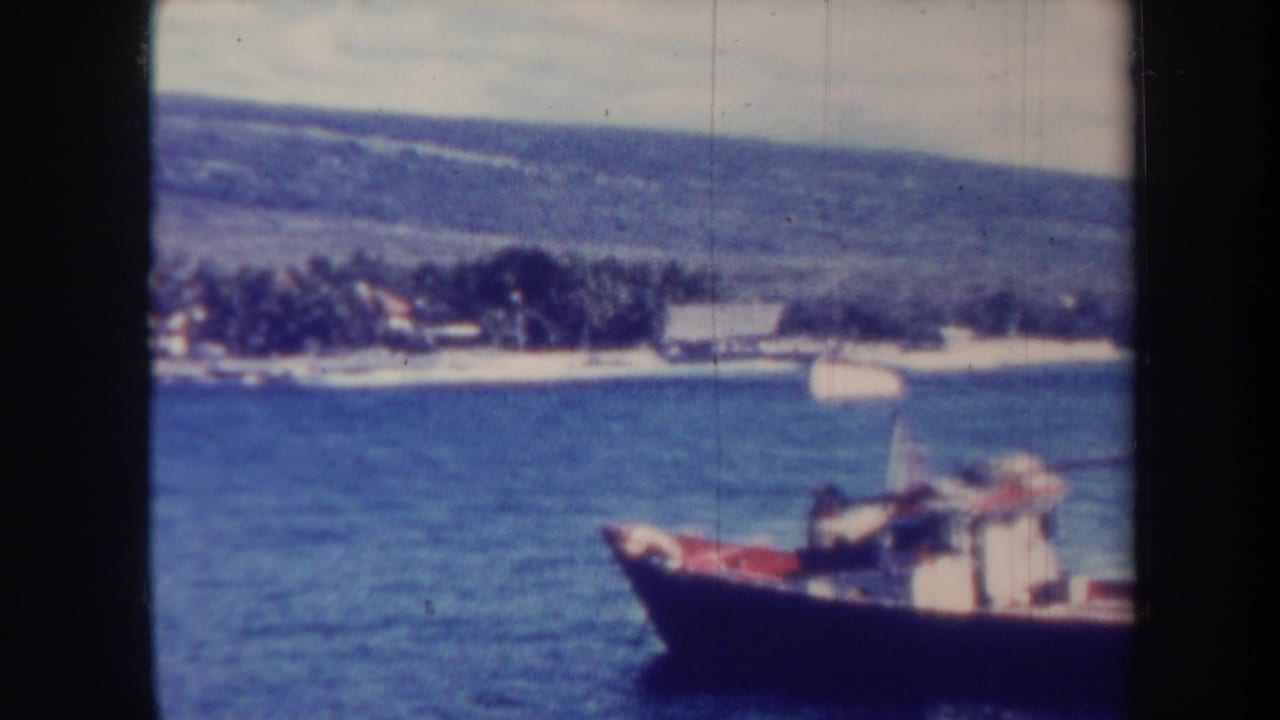 Bow of a small boat crosses blue water in front of shoreline buildings and trees.
