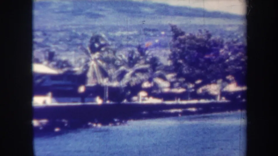 1967 Honolulu home-movie frame with palms and a low building along the shoreline, seen over blue water.