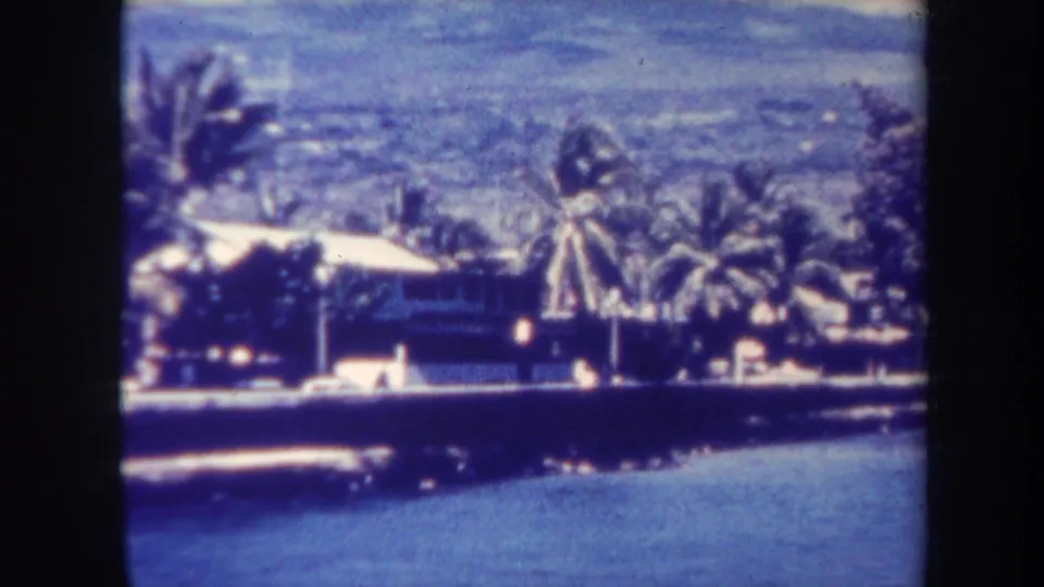 1967 Honolulu coastal frame showing palm trees, a low waterfront building, calm water, and hazy hills beyond.