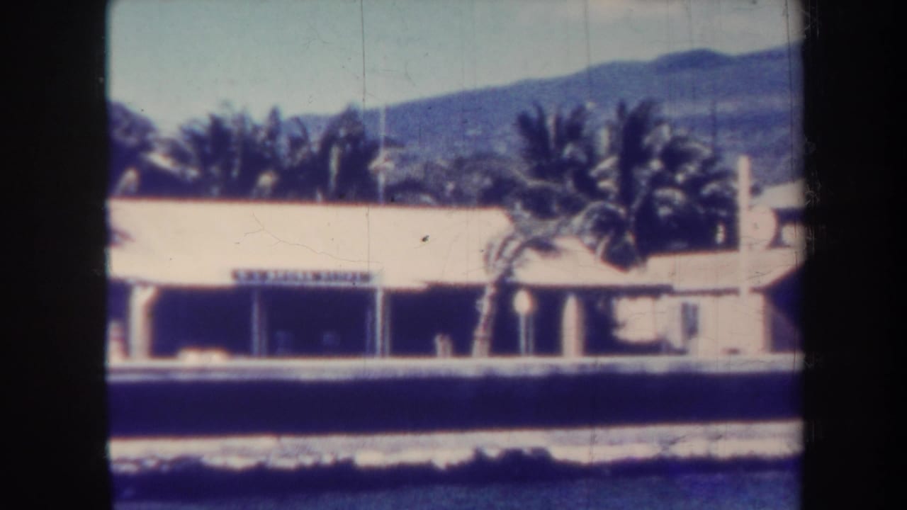 Palm-lined waterside building with a partially legible sign and mountains in the background.