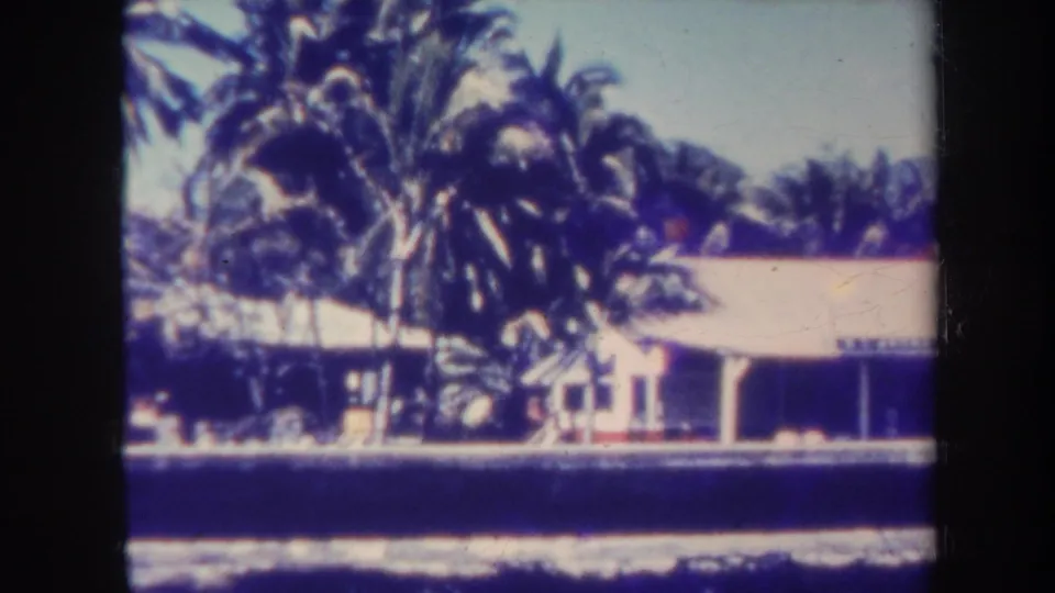 1967 Honolulu 8mm frame showing coconut palms around a low coastal building near the water.