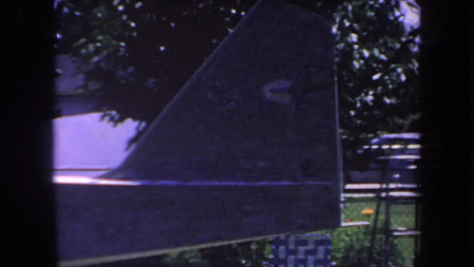 Side view of a dark airplane tail fin in a residential yard, with trees, a house, and outdoor objects in the background.