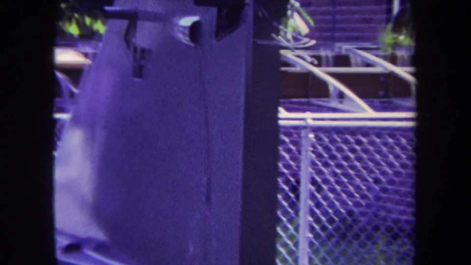 1969 Yucaipa frame showing a pale wooden support, chain-link mesh, rail framing, and garden background under purple tint.