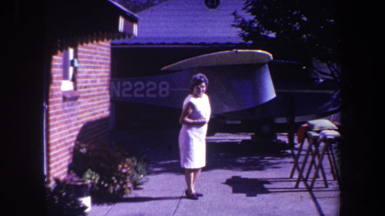 Woman stands near a brick wall while a small aircraft with registration markings sits in shade.