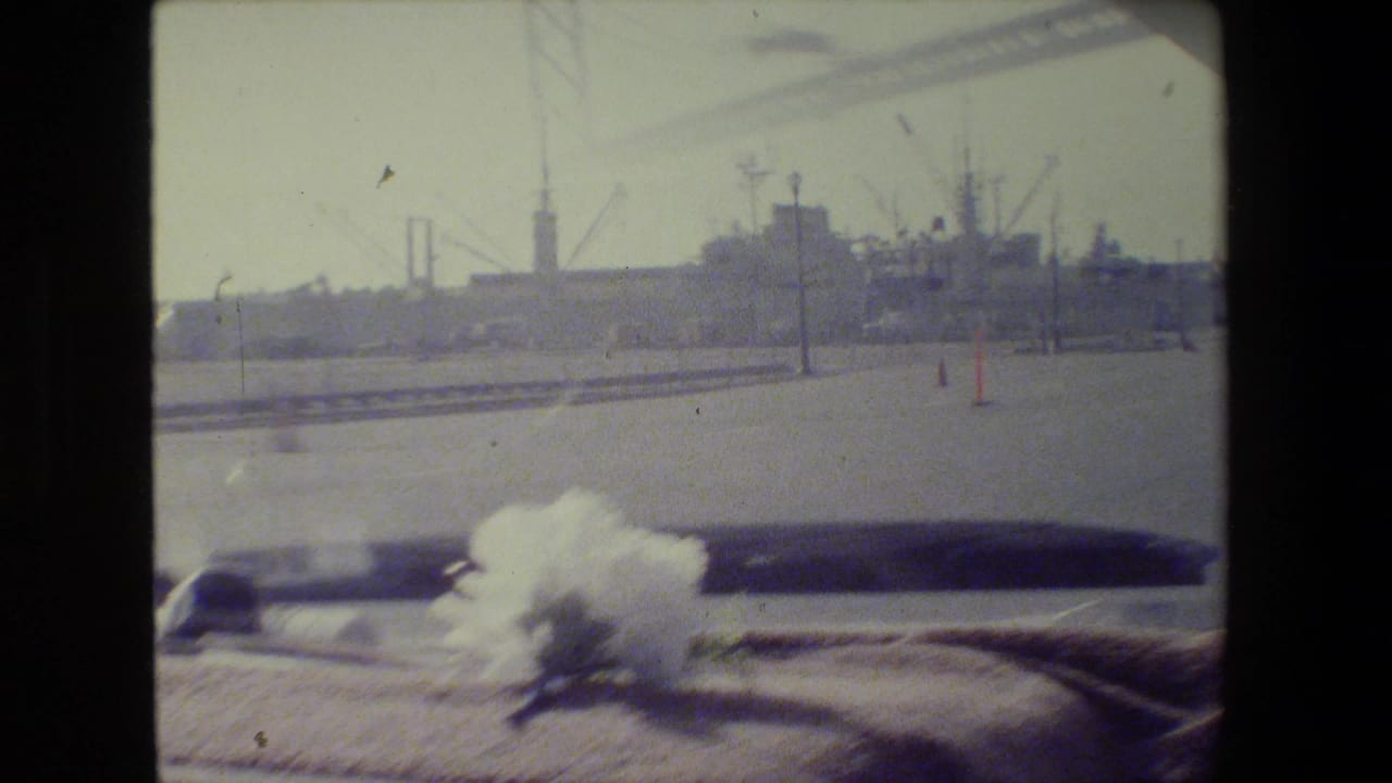 Driver-view road scene with dashboard flower and distant industrial cranes.